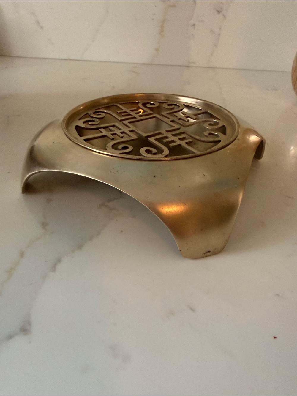 Vintage Brass Incense Burner Stand with Asian Motif 2-piece